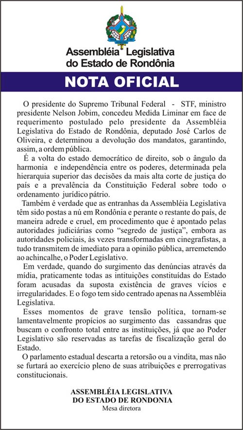 Nota Oficial da Assembléia Legislativa de Rondônia