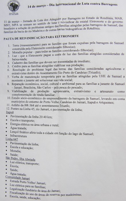 Confira a pauta de reivindicações do Movimento dos Atingidos por Barragens (MAB)