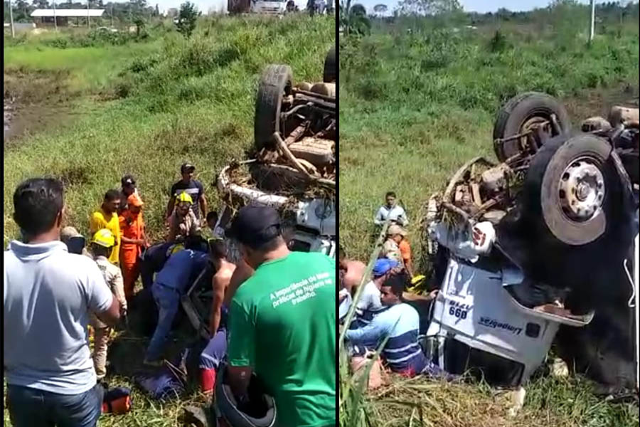 ACIDENTE: Capotamento de caminhão de coleta de lixo deixa quatro trabalhadores feridos