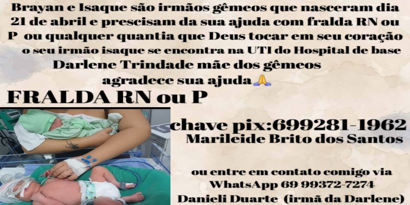 SOLIDARIEDADE: Com bebê na UTI, família pede ajuda para arrecadar fraldas para gêmeos recém-nascidos